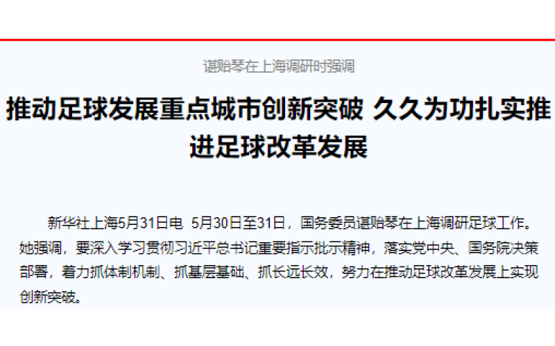 谌贻琴在上海调研时强调 推动足球发展重点城市创新突破 久久为功扎实推进足球改革发展